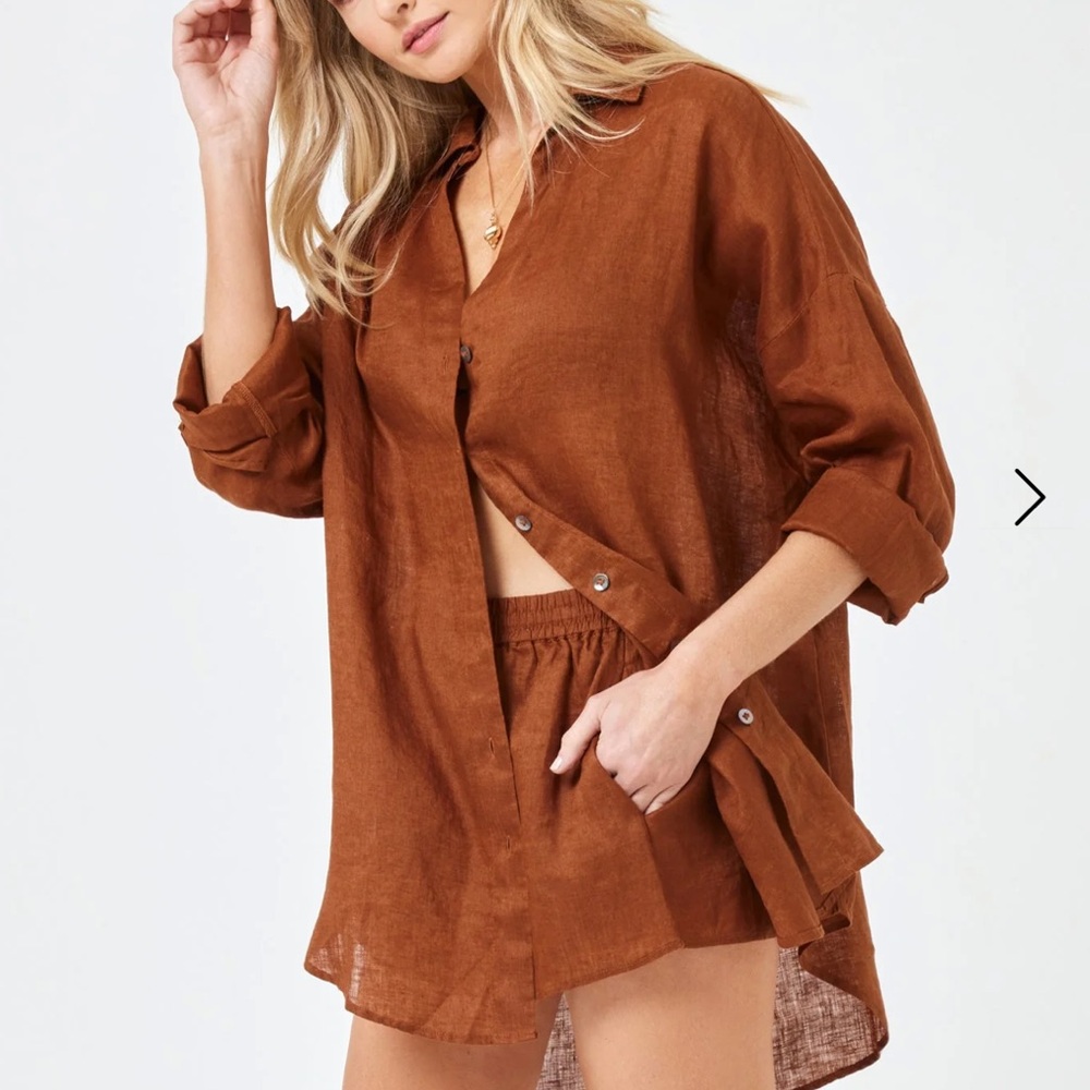 LSPACE Rio Linen Tunic Brown Button-Up Top - Picture 2 of 3
